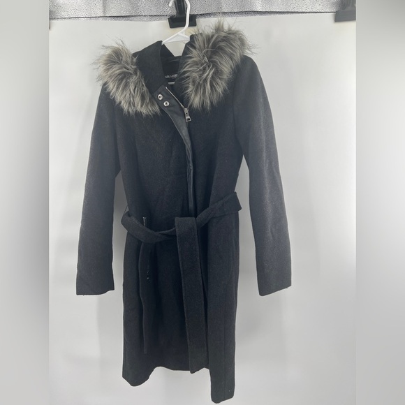 Karl Lagerfeld grey wool blend fur trim hooded jacket pea coat with belt XS - Picture 1 of 8